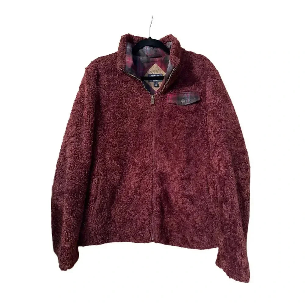 Pendleton Burgandy Sherpa pull over pleaid wool accents L